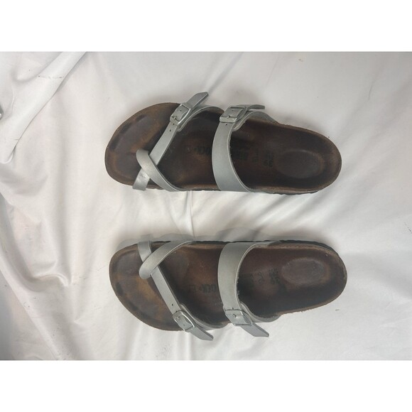 Birkenstock Mayari Sandals Women’s Size 39 8.5 Metallic Silver Leather Cork - Picture 2 of 8